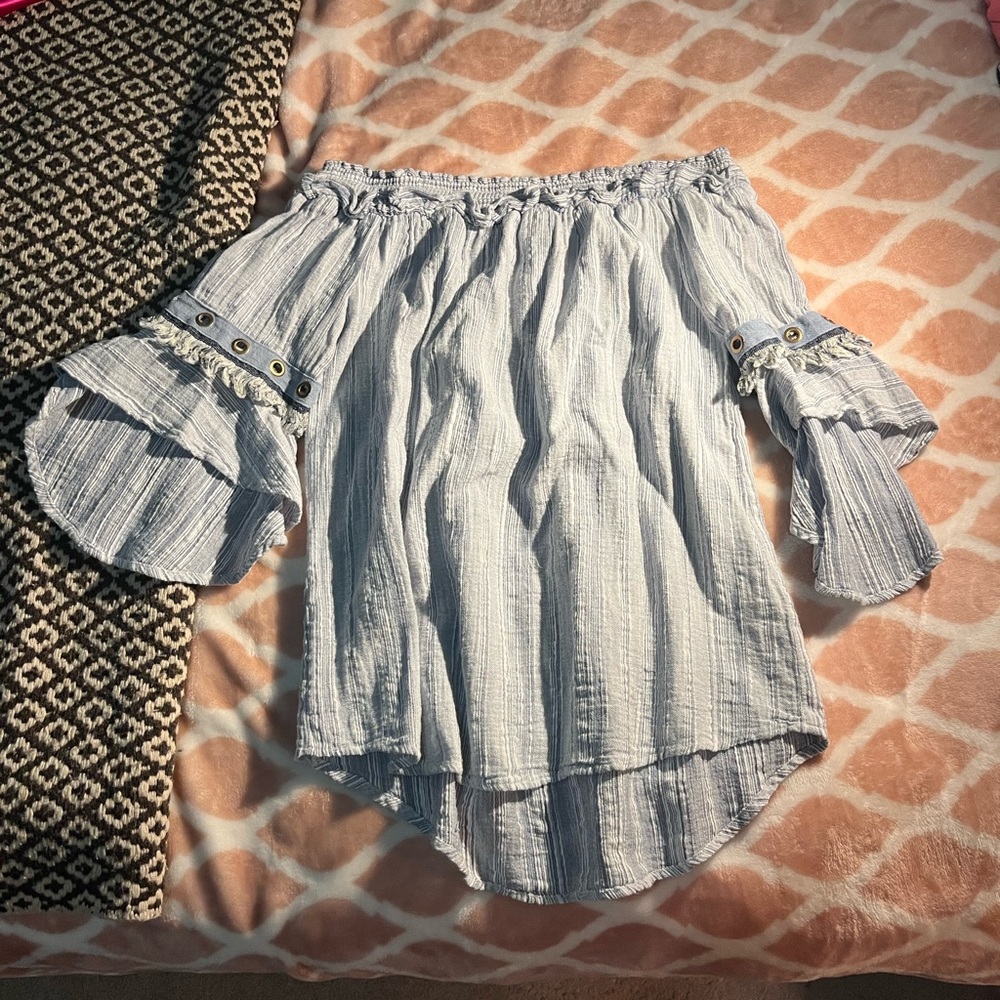 shirt, off shoulder, light blue